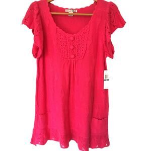 NWT, RXB Pink XL 100% Cotton Sweater Top With Hearts & Pockets Scalloped Hem